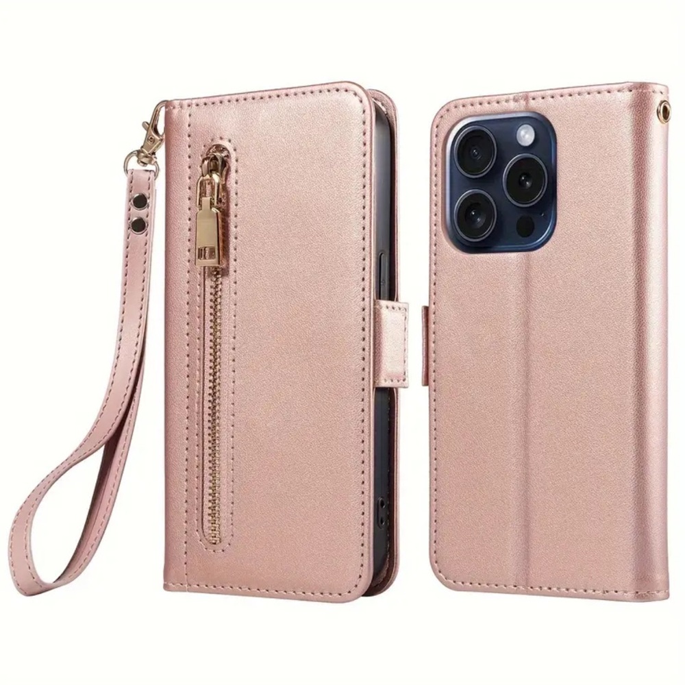 New- Faux leather iPhone wallet case zipper pocket on front, iPhone 16-rose gold